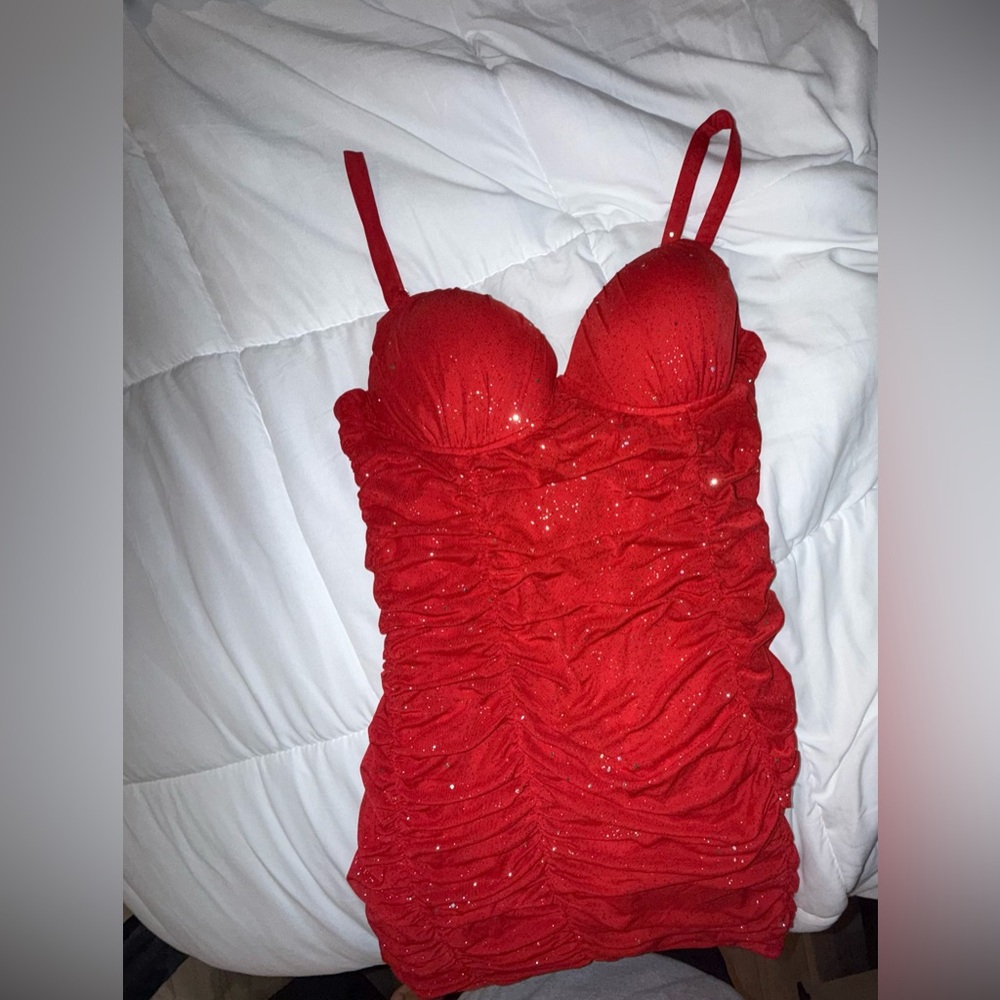 Red Ruched Glitter Dress